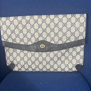 Vintage Gucci Beige and Blue Monogram Clutch